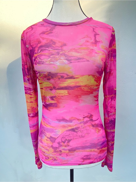 AFRM Tops - AFRM Subversive Pink & Orange Abstract Sunset Print Mesh Long Sleeve Top Small